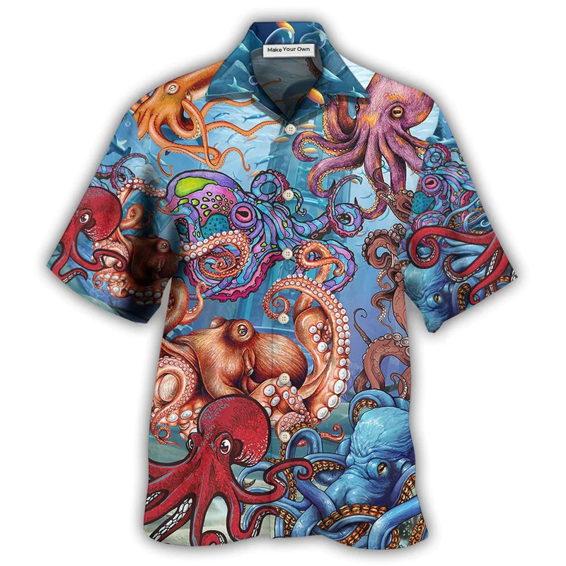 Colorful Octopus Ocean Play Hawaiian Shirt Artwork Detail For Resort Trips And Outdoor Activities