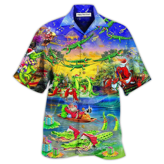 Alligator Christmas Santa Riding Hawaiian Shirt Pattern Detail For Vacation Travel And Daily Wear
