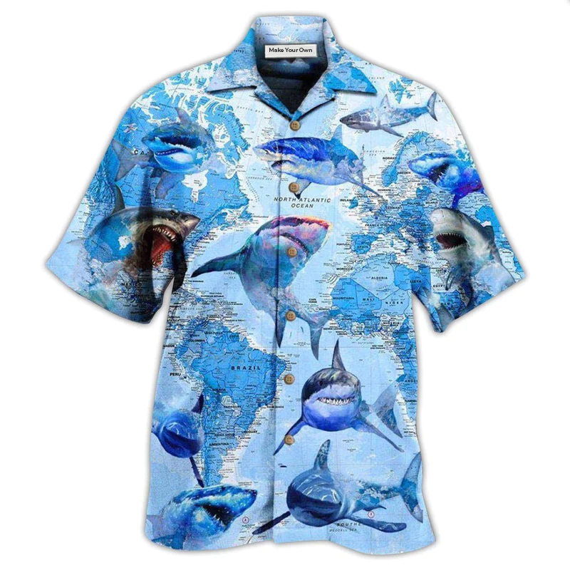 White Shark Great Sharks Hawaiian Shirt Pattern Detail For Summer Holidays And Outdoor Fun