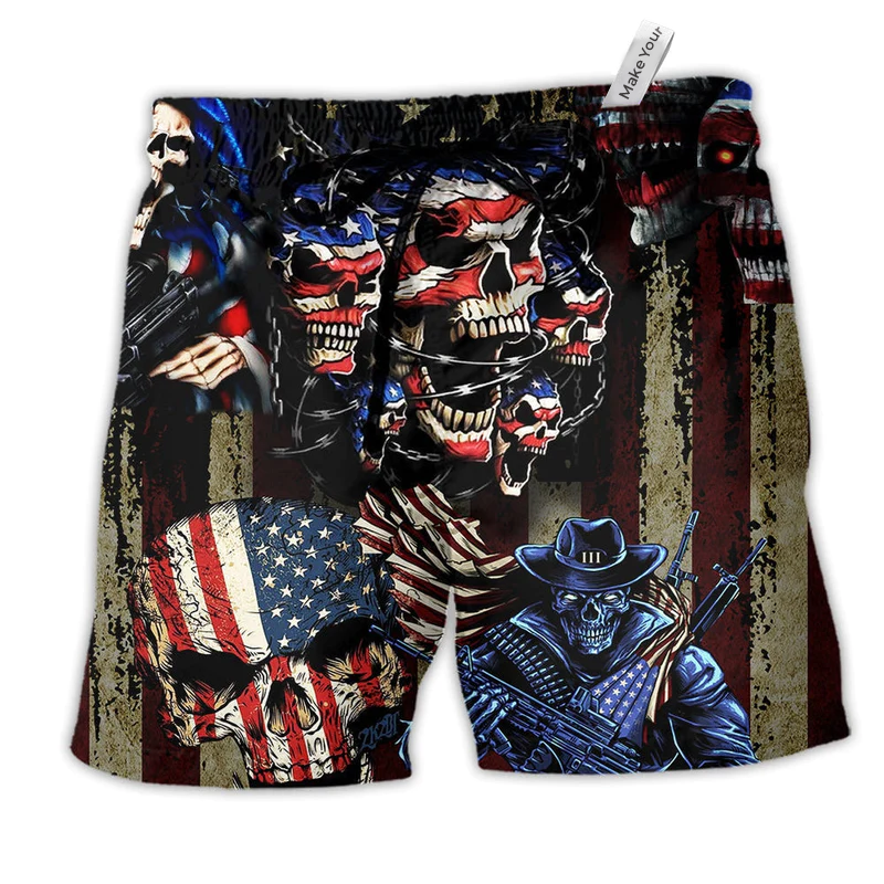 America Skull Angry Sunning Hawaiian Print Beach Shorts For Warm Weather Holiday Style
