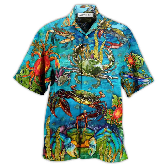 Blue Artistic Crab Hawaiian Shirt For Beach Days Resort Trips And Relaxed Everyday Style
