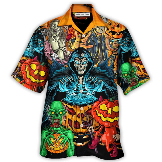 Skull Halloween Scary Pumpkin Horror Hawaiian Shirt Artwork View For Weekend Travel And Beach Style