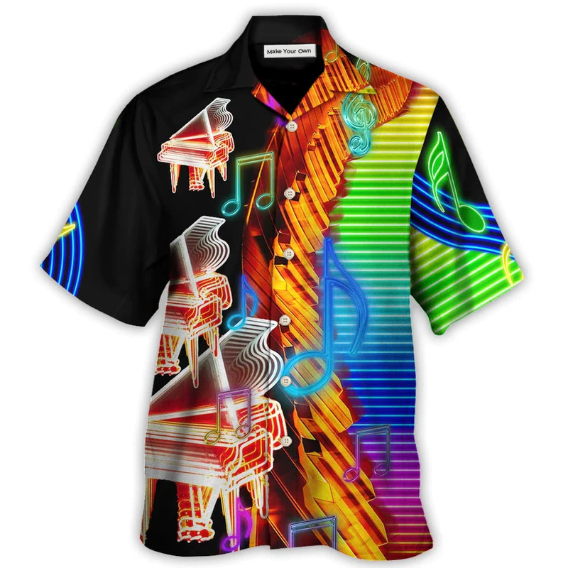 Neon Colorful Piano Music Hawaiian Shirt Pattern View For Relaxed Warm Weather Outfits