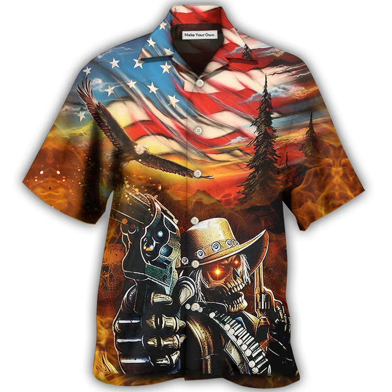 Western Vintage Skull Cowboy Shot American Flag Hawaiian Shirt Pattern Detail For Vacation Travel And Daily Wear