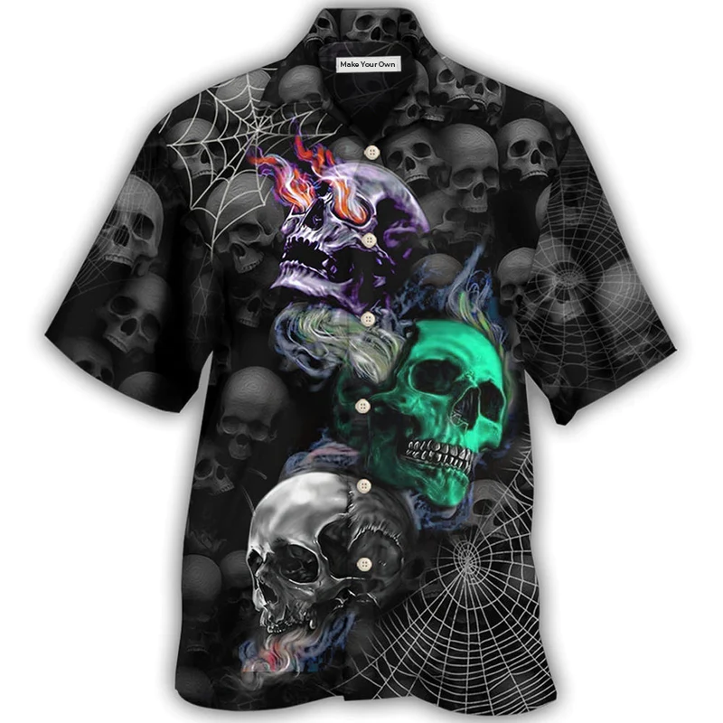 Dark Colorful Skull Burning Hawaiian Shirt For Beach Parties And Weekend Getaways