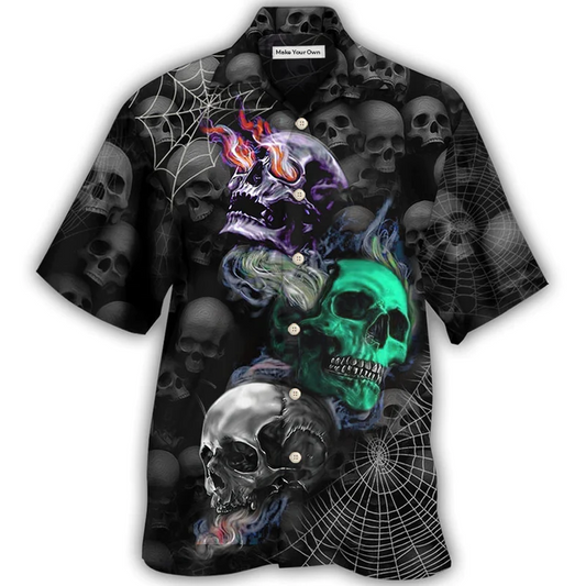 Dark Colorful Skull Burning Hawaiian Shirt For Beach Parties And Weekend Getaways