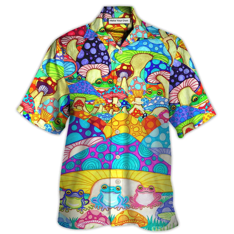 Bohemian Colorful Frog Mushroom Peace Hawaiian Shirt Artwork View For Coastal Escapes And Resort Style