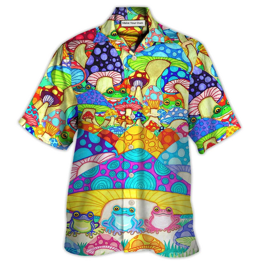Bohemian Colorful Frog Mushroom Peace Hawaiian Shirt Artwork View For Coastal Escapes And Resort Style