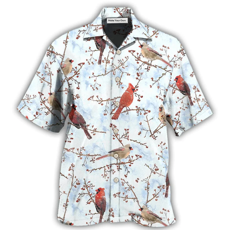Winter Red Cardinal Bird Hawaiian Shirt For Resort Travel Summer Outings And Casual Gatherings