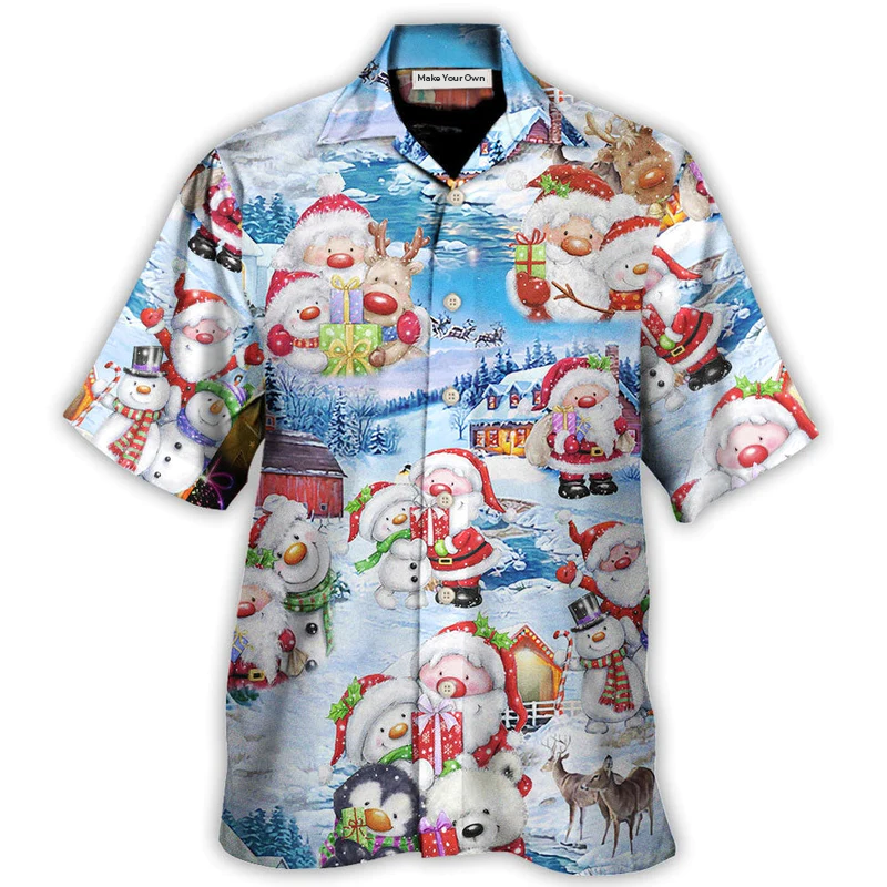 Snowman Christmas Santa Hawaiian Shirt Pattern View For Relaxed Warm Weather Outfits