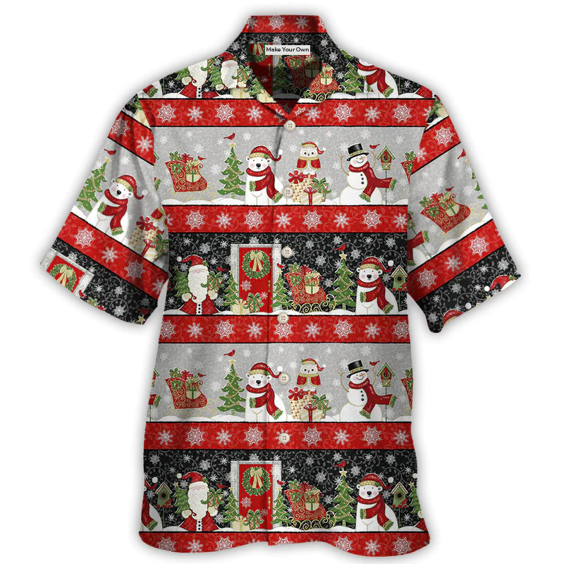 Christmas Santa Snowman Hawaiian Shirt Print Closeup For Weekend Trips