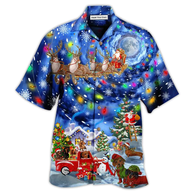 Dachshund Christmas Night Hawaiian Shirt Pattern Detail For Summer Holidays And Outdoor Fun
