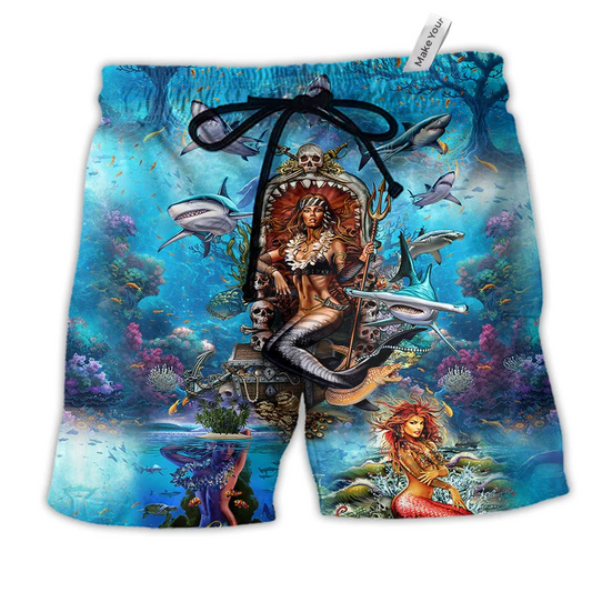 Mermaid Beautiful And Skull Hawaiian Print Beach Shorts For Fantasy Fan Beach Days