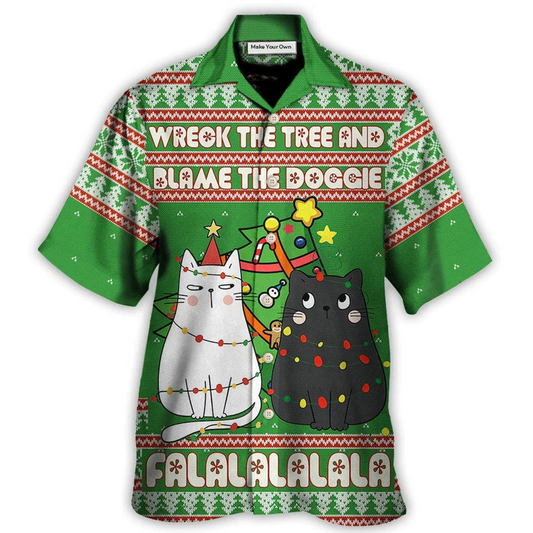 Cat Wreck Tree Meowy Christmas Hawaiian Shirt Pattern View For Lightweight Everyday Style