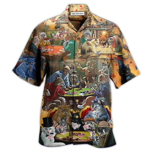 Cat Play Card Games Hawaiian Shirt Pattern Detail For Summer Holidays And Outdoor Fun