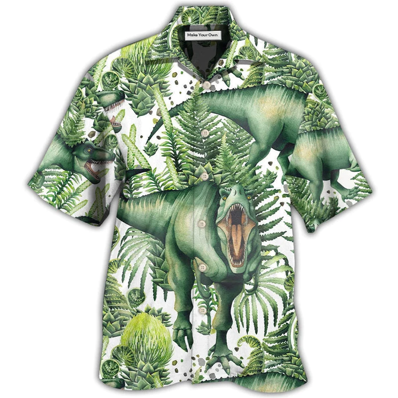 Green Tropical Dinosaur Strong Leaf Hawaiian Shirt For Beach Parties And Weekend Getaways