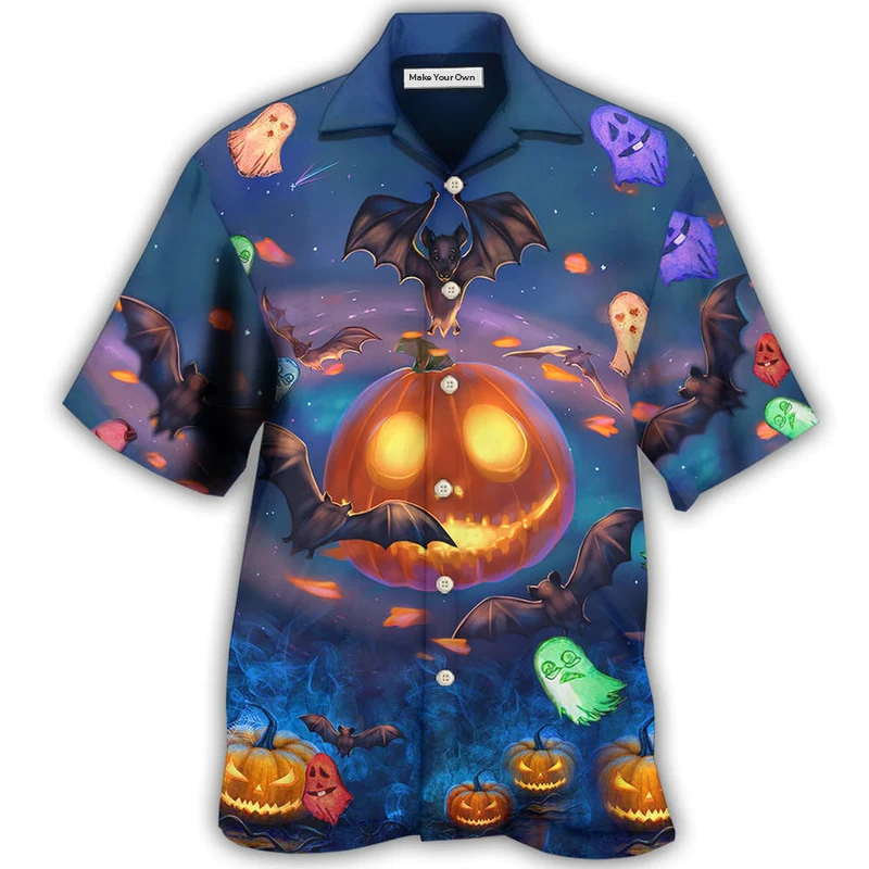 Glowing Bat Halloween Pumpkins Night Hawaiian Shirt Design View For Resort Travel And Thoughtful Gifting