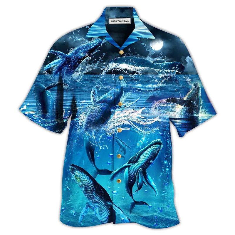 Blue Whale Ocean Hawaiian Shirt Design View For Casual Summer Styling