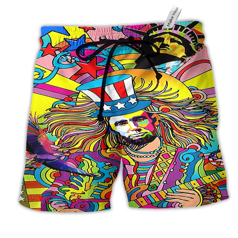 Hippie America Fullcolor Peace Hawaiian Print Beach Shorts For Independence Day Vacation Wear