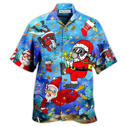 Festive Blue Christmas Dives Hawaiian Shirt Pattern View For Relaxed Warm Weather Outfits