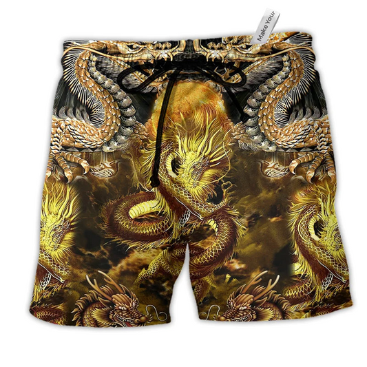 Dragon Love Life Gold Pattern Hawaiian Print Beach Shorts For Striking Resort Looks