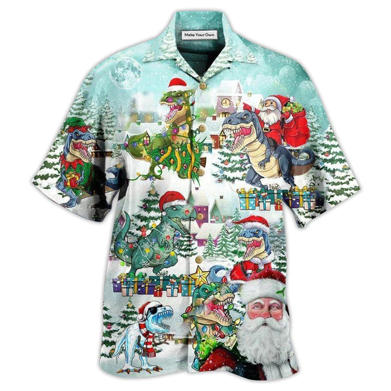 Christmas Roarsome Snow Hawaiian Shirt Design View For Casual Summer Styling