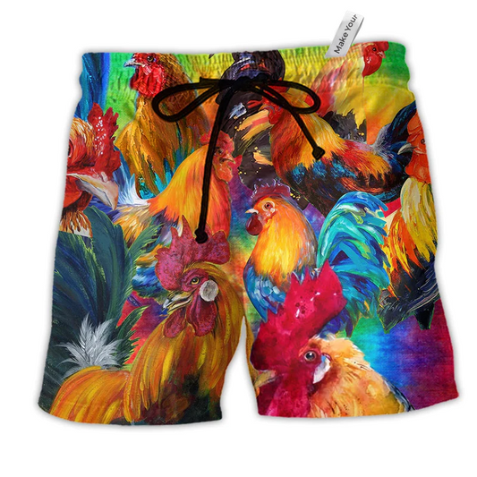 Chicken Rooster In Farm Hawaiian Print Beach Shorts For Animal Lover Vacation Wear