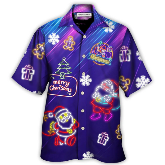 Neon Christmas Santa Light Party Hawaiian Shirt Pattern Detail For Vacation Travel And Daily Wear