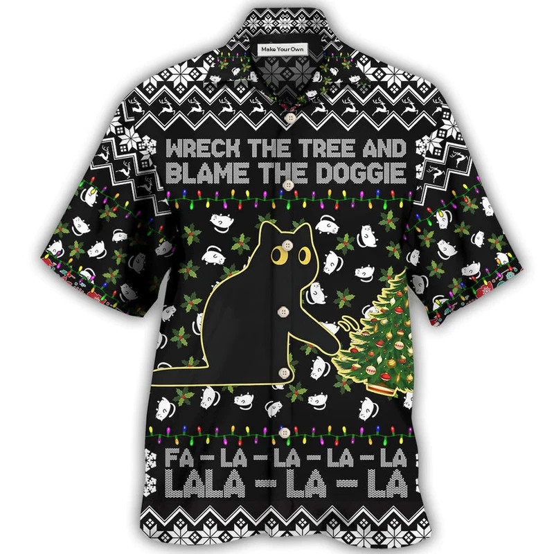 Black Cat Wreck Tree Blame Doggie Christmas Hawaiian Shirt Artwork View For Weekend Travel And Beach Style