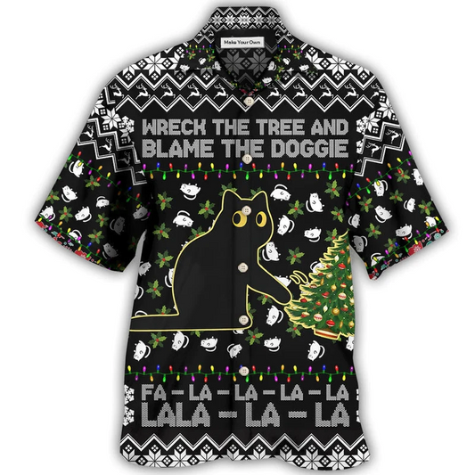 Black Cat Wreck Tree Blame Doggie Christmas Hawaiian Shirt Artwork View For Weekend Travel And Beach Style
