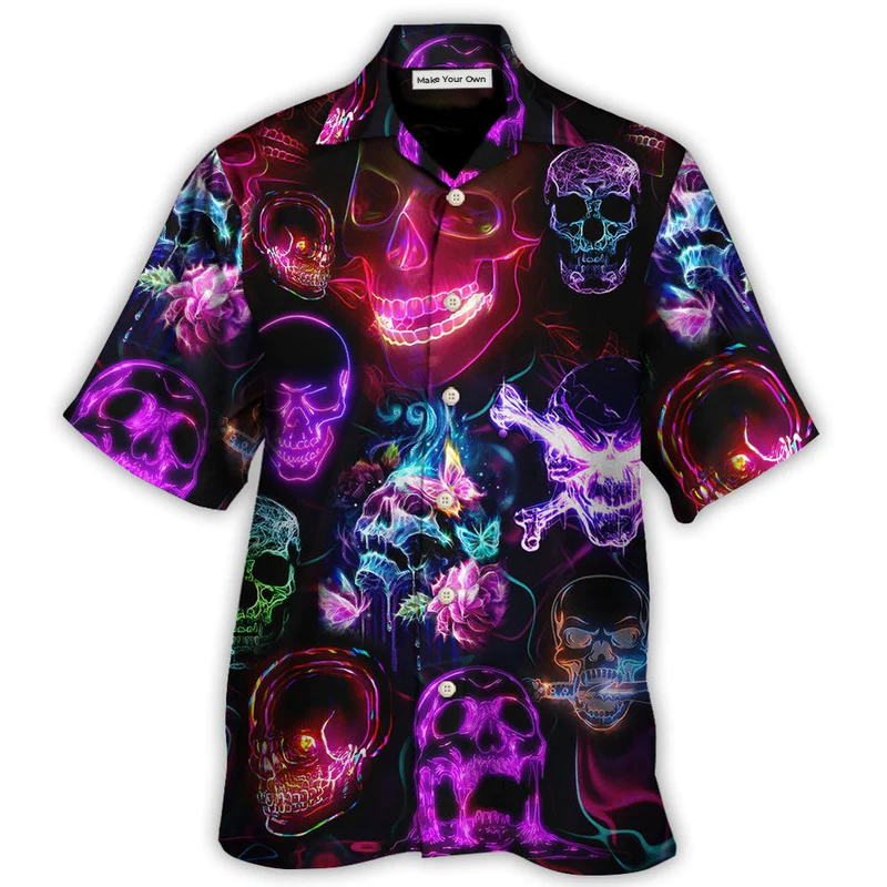 Neon Happy Skull Holiday Hawaiian Shirt For Beach Parties And Weekend Getaways