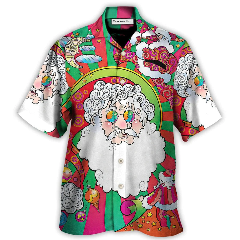 Festive Colorful Christmas Psychedelic Hawaiian Shirt Design Detail For Sunny Adventures And Casual Wear