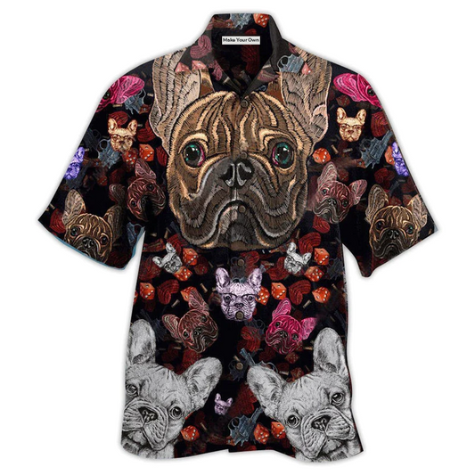 Bulldog Embroidery Hawaiian Shirt Pattern Detail For Vacation Travel And Daily Wear