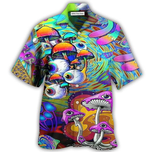 Bohemian Mushroom Eyes Hawaiian Shirt Artwork Detail For Resort Trips And Outdoor Activities