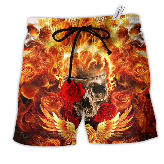 Skull Flaming Rose Fire Hawaiian Print Beach Shorts For Weekend Adventures And Comfort