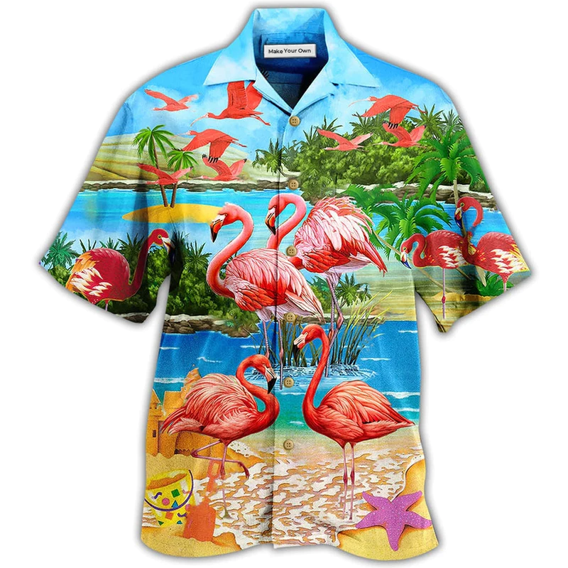 Tropical Flamingo Summer Hawaiian Shirt Design Detail For Beach Days And Holiday Travel