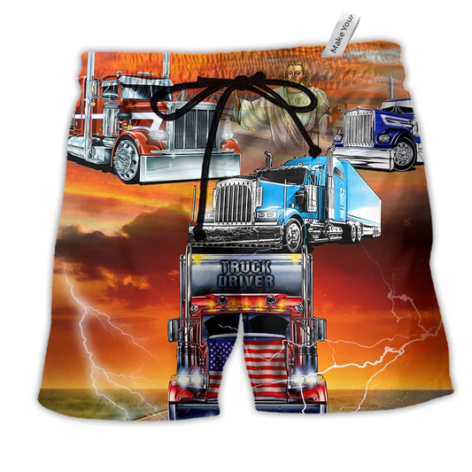 Truck Driver Jesus Bless Hawaiian Print Beach Shorts For Thoughtful Warm Weather Gifting