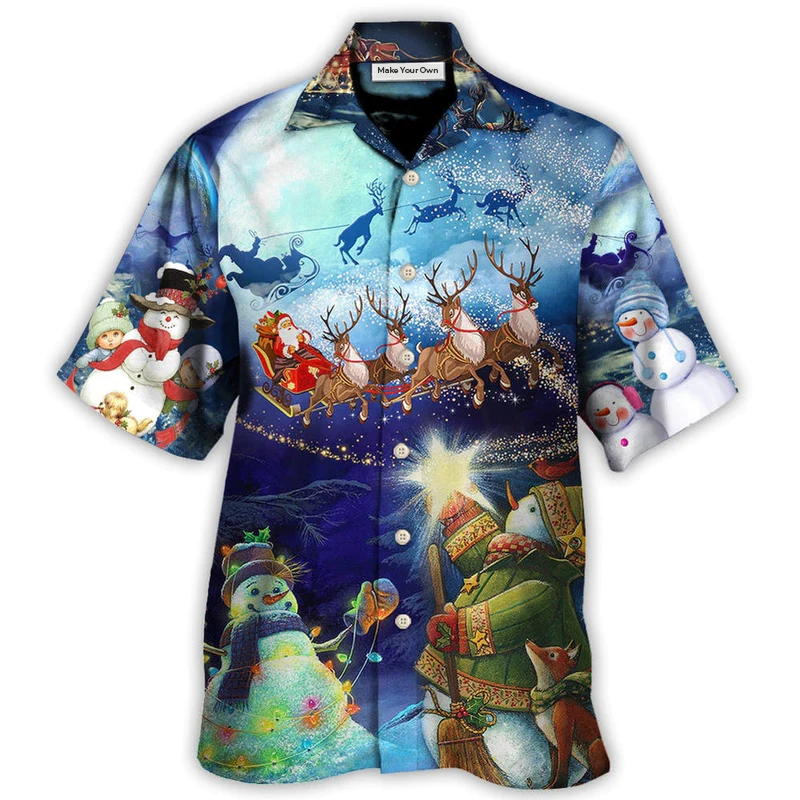 Red Snowman Christmas Nosed Reindeer Light Hawaiian Shirt Artwork Detail For Resort Trips And Outdoor Activities