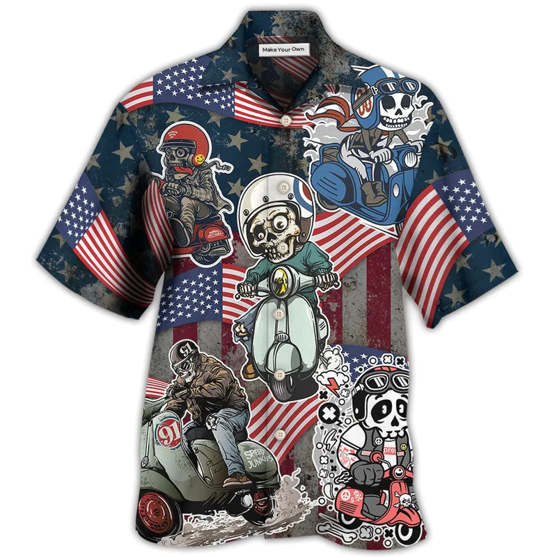 Scooter Skeleton USA Flag Independence Day Hawaiian Shirt For Vacation Days And Relaxed Coastal Outings