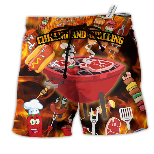 Food Chilling And Grilling BBQ Party Red Beach Shorts For Resort Days And Casual Style
