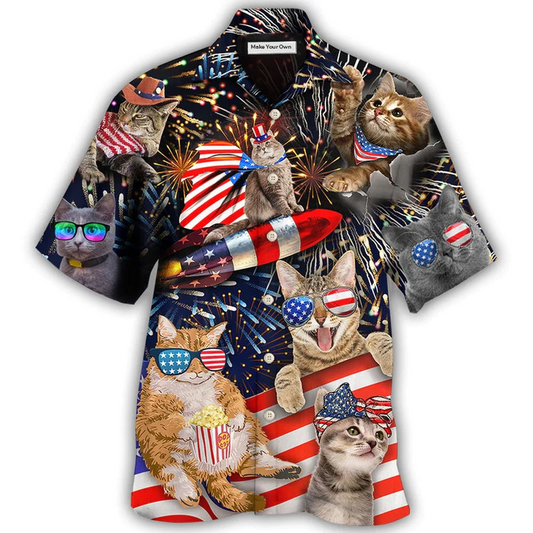 Happy Cat Independence Day Firework Hawaiian Shirt Artwork View For Weekend Travel And Beach Style
