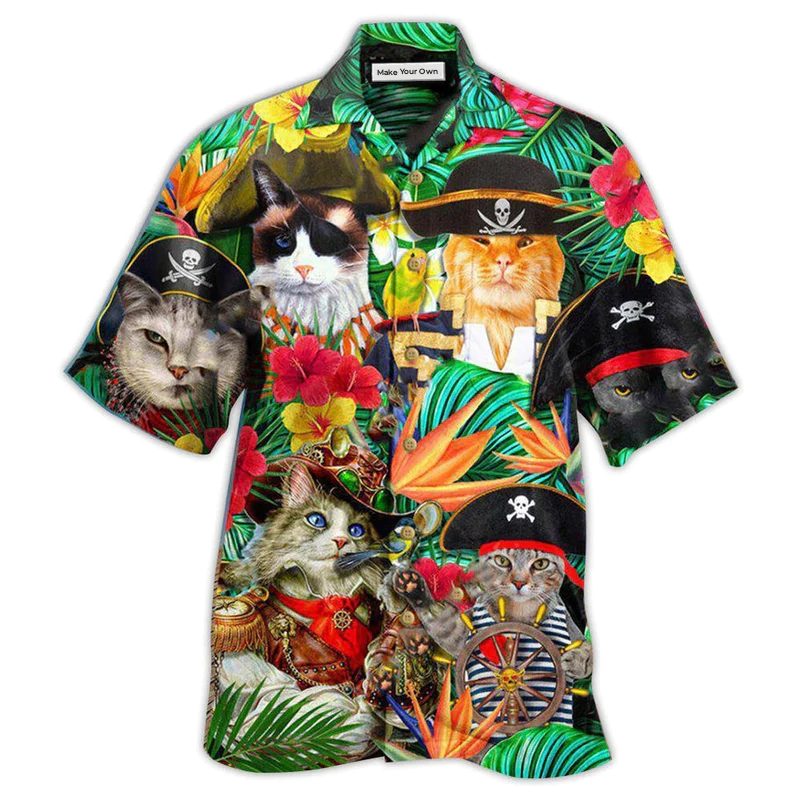Cat Nautical Pirate Hawaiian Shirt Artwork Detail For Tropical Trips And Casual Outings