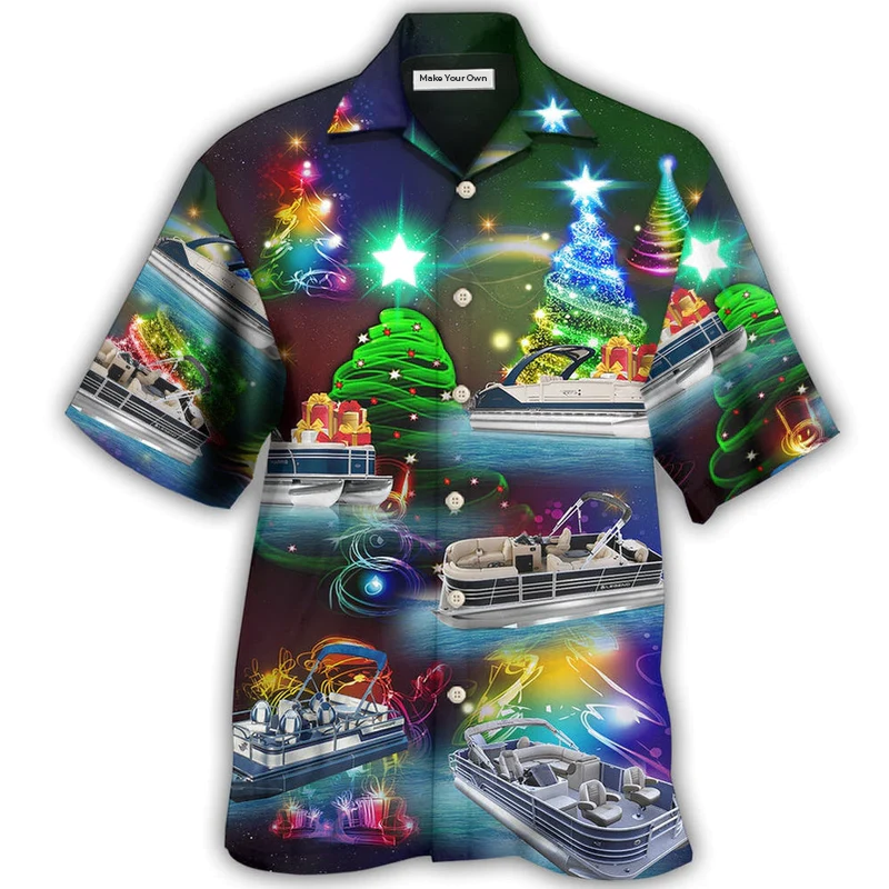 Christmas Pontoon Boat Hawaiian Shirt For Tropical Parties Vacation Travel And Casual Summer Style