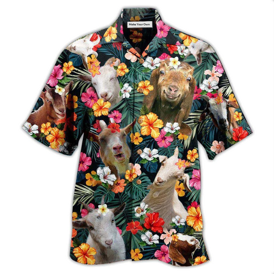Happy Floral Goat Aloha Hawaiian Shirt For Summer Vacation And Beach Travel