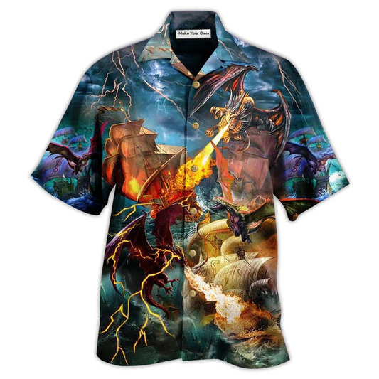 Dragon Fight Nautical Pirate Ship Hawaiian Shirt For Summer Vacation And Beach Travel