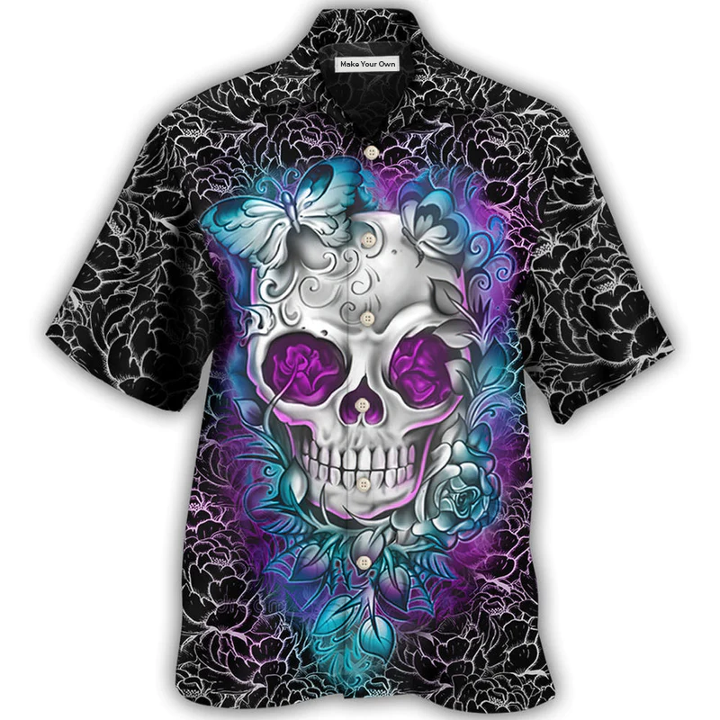 Floral Skull Butterfly Lighting Hawaiian Shirt Design Detail For Sunny Adventures And Casual Wear