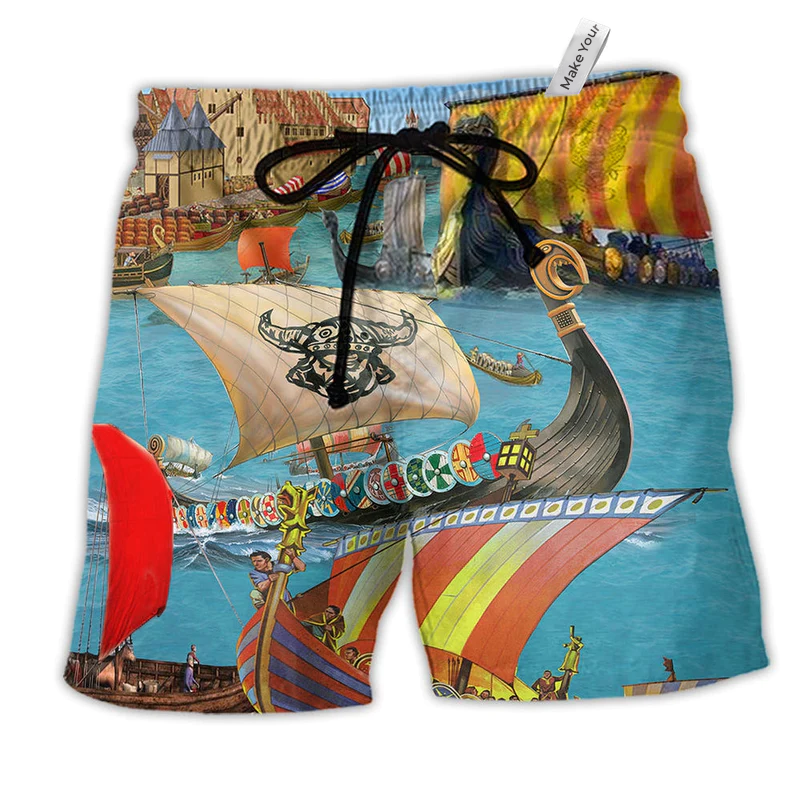 Viking Sail Let War Hawaiian Print Beach Shorts For Ocean Lover Vacation Wear