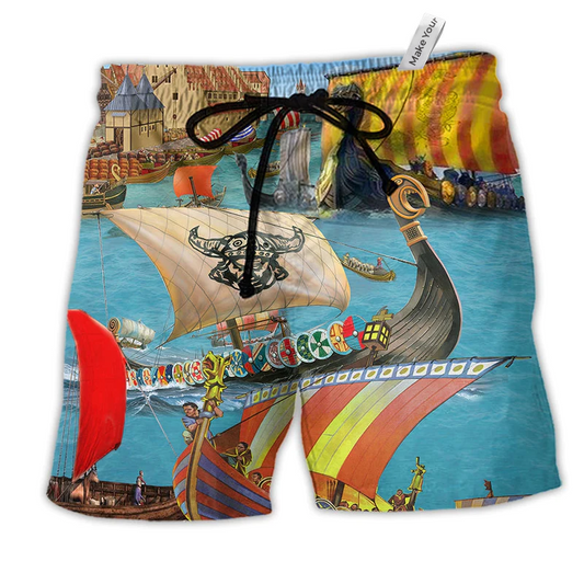 Viking Sail Let War Hawaiian Print Beach Shorts For Ocean Lover Vacation Wear