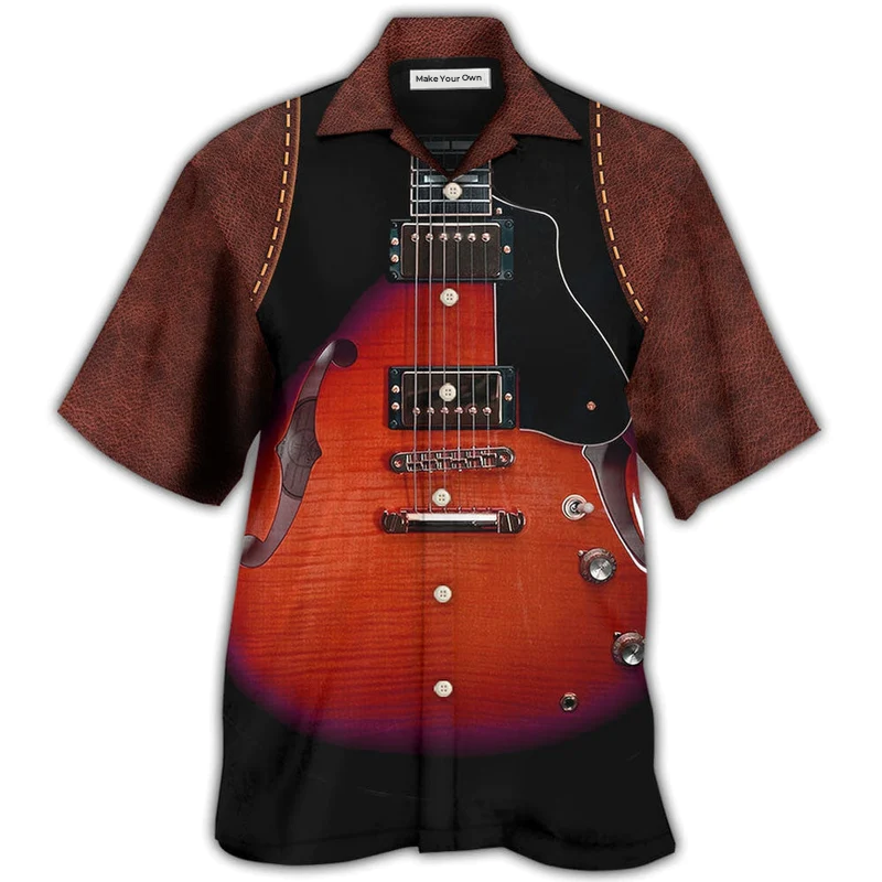 Red Vintage Guitar Leather Hawaiian Shirt For Warm Weather Adventures And Everyday Comfort