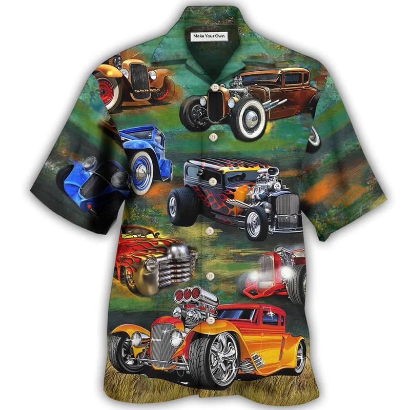 Vintage Gold Classic Car Hawaiian Shirt For Island Holidays Summer Parties And Casual Outdoor Wear